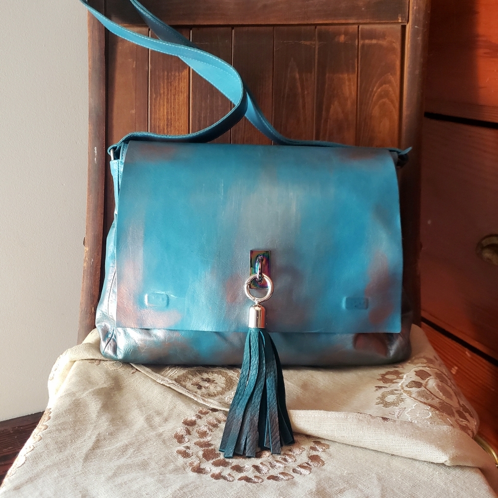 Handpainted Leather Blue Crossbody Bag With Tassel